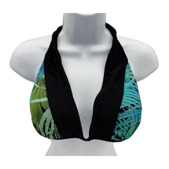 Victoria's Secret Tropical Halter Bikini Top Womens L Black Plunge Neck Summer - Picture 1 of 10